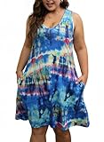 HBEYYTO Women's Round Neck Boho Floral Print Loose Casual Sleeveless Short Dress Plus Size (Blue, 3X Plus)