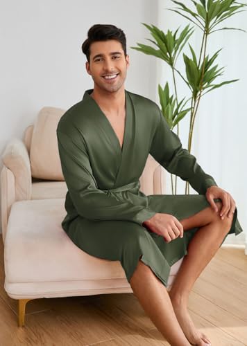 ZUEVI Men's Kimono Robe Set Silk Satin Long Sleeve Bathrobe with Shorts 2 PCS Sleepwear Pjs Sets4