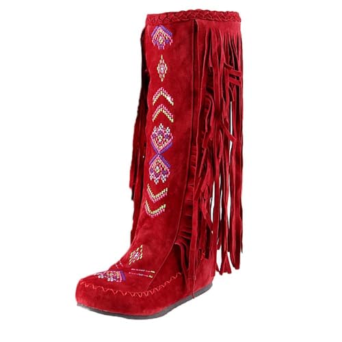 Bottes au genou tendance à franges pour femme - Chaussures d'hiver plates confortables