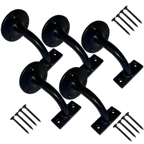 Black Antique Handrail Brackets & Screws – Heavy Duty Cast Iron Wall Stair Rail Support – Banister Handrail Holder for Stairs, Indoor & Outdoor Use, with Matching Screws (Pack of 5)
