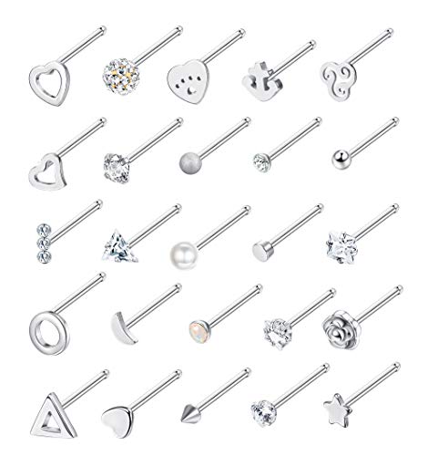 Drperfect 20G 25Pcs Nose Rings Studs Stainless Steel Bone Screw L Shaped Nose Body Piercing For Womens Mens #TOP4