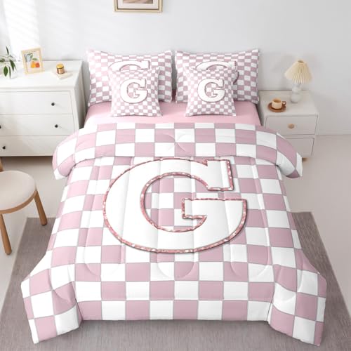Image of Erosebridal Pink Initial G Twin Bedding Set 7 Piece Kawaii Plaid Checkered Bed in A Bag with Sheets Cute Personalized Monogram Comforter Set for Kids Girls Teen Women,Fashion Grids Gingham Bed Sets