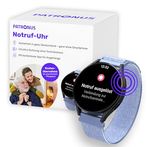 PATRONUS Notruf Uhr - für Senioren - Notfallarmband mit GPS & manuellem Notrufknopf - 24/7 Zentrale - ABO erforderlich - mit App - Sicherer Hausnotruf im Alltag (Hellblau)