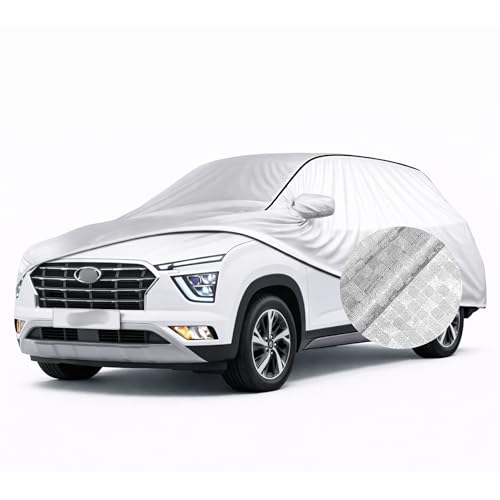 Image of SEAZEN Waterproof Car Cover for Hyundai Creta SX IVT | Dustproof, UV & Scratch Resistant Soft Cotton Lining | Triple Stitched, Mirror Pockets & Elastic Hem | Metallic Silver with Black Piping