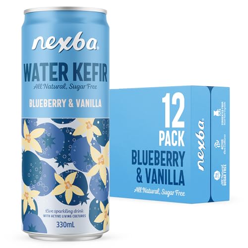 Nexba Blueberry & Vanilla Water Kefir Kombucha 330 ml Slim Cans (Pack of 12) – All Natural, Sugar Free & Healthy Probiotic Treat
