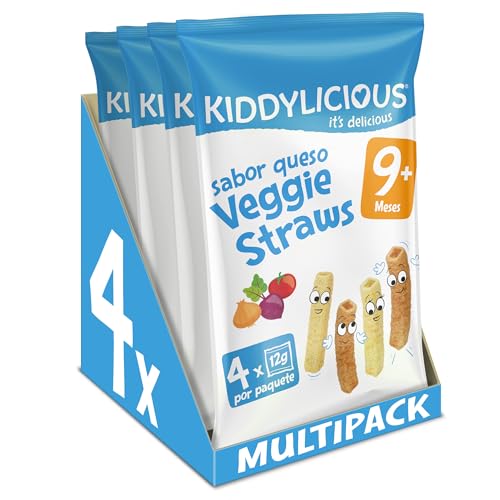 Kiddylicious Cheesy Straws | Deliciosos Snacks para Bebés | Apto a Partir de 9 Meses | 4 Paquetes de 48g (4 Bolsas de 12g por Paquete) | 192g