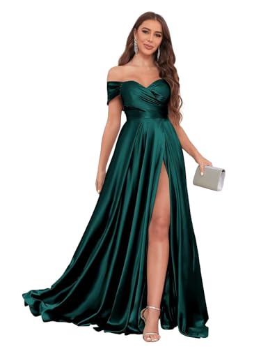 Image of JKMMYO Satin Bridesmaid Dresses for Women Off The Shoulder Pleated Long Formal Evening Dress