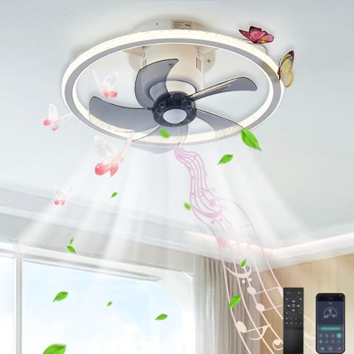 LASANYA Infantil Lampara Techo Ventilador Pequeño, Lampara Ventiladores Techo Inteligente Giratorio 360° Reversible,ventilador De Techo Creativo Para Niños Con Altavoz Bluetooth Regulable-Blanco