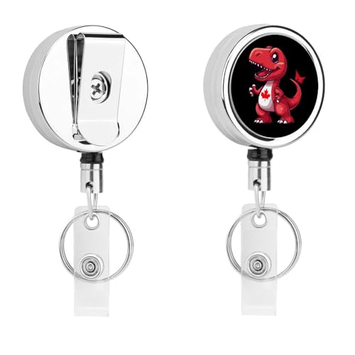 Red Dinosaur Canada Flag Retractable Badge Holder Metal ID Name Holder Key Ring with Belt Clip
