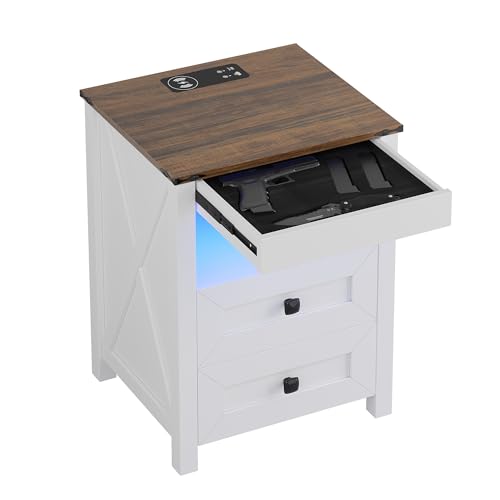 Farmhouse 8 Drawers Dresser and Nightstand Sets for Bedroom, Tall Wood Chest of Drawers with LED Light/Charging Station/Human Sensor,Clothes Dressers for Closet,Living Room,Hallway,bookcase(White Set)
