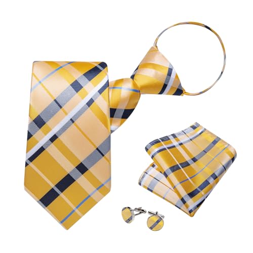 Image of DiBanGu Silk Zipper Ties for Men,Paisley Solid Plaid Pre-tied Tie and Pocket Square Cufflinks Set Formal Adjustable Necktie