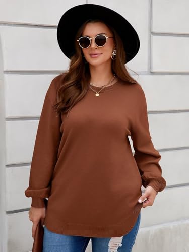 Image of Women's Plus Size Sweaters Crewneck Knit Side Slit Pullover Tops Fall Outfits (3X, Caramel)