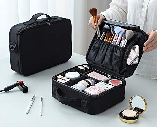 Preisvergleich Produktbild Kosmetiktasche Mädchen, Reise Schminktasche mit Pinselfach Schwarz, Tragbare Doppelschicht Wasserdicht MakeUp Tasche Organizer Kulturtasche mit Spiege, Tragegriff und Zip,Schwarz,M