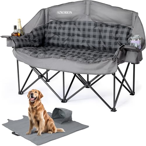 Image of Oversized Double Camping Chair Heavy Duty Padded Double Folding Chair with Cup Holders & Carry Bag Foldable 2 Person Camping Chairs Outdoor Portable Couch for Lawn, Sports - Supports 900LBS Grey
