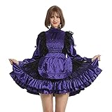 Stoff: Satin Frauen Sissy Maid Abschlie?bar Lila Satin Lange ?rmel Crossdress Plissee Kleid (XXL)