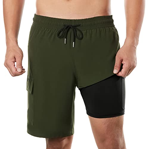 BRISIRA Mens Swim Trunks Bathing Suit 9 Inch Inseam Compression Liner Beach Long Board Shorts Swimsuit Anti-chafe Quick Dry