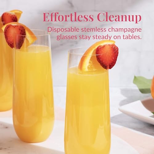 Prestee 12 Stemless Plastic Champagne Flutes - 9 Oz Disposable Glasses for Mimosas, Cocktails, Shatterproof Party Drinkware, Clear Champagne Flute Set for Weddings, New Year’s Eve, and Events