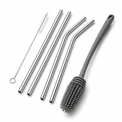 Kit Escova de Silicone para Garrafas, Mamadeiras, Copos, Taças e Squeezes – Higiênico e Não Risca + Escova para Canudos + 4 Canudos de Inox Reutilizáveis 21cm