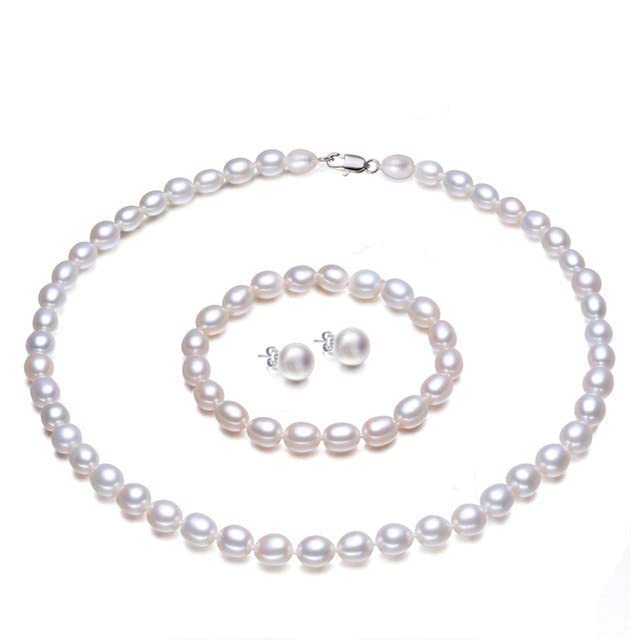 Juego de collar de perlas de agua dulce premium, joyería fina con pendientes 7-8mm