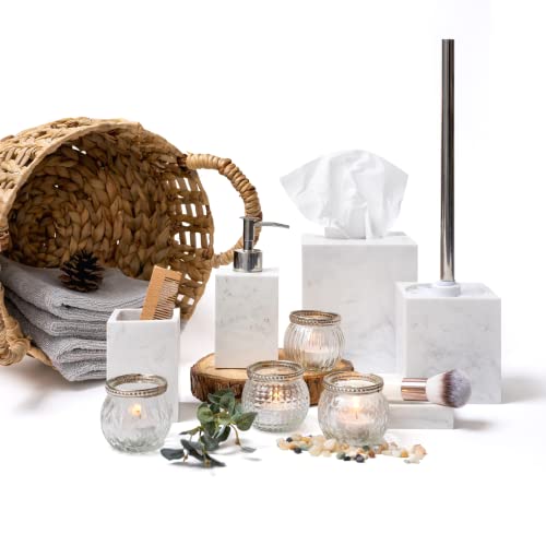 Kurrajong Farmhouse 5 Piece Bathroom Accessories Set | Faux Marble Bathroom Accessory Set | Faux Marble White Bathroom Set | Tissue Box, Toilet Brush, Soap Dish, Soap Dispenser, Toothbrush Holder #TOP1