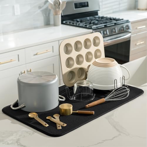 Image of S&T INC. Dish Drying Mat Jumbo, 18 inch x 30 inch, Absorbent Microfiber Kitchen Counter Mat, Dish Drying Pad for Dishes, Utensils, Pots and Pans, Jumbo, Black