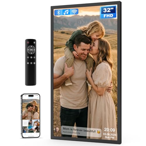 Image of 32 inch Large Digital Picture Frame, 64GB, Anti-Glare Non-Touch, WiFi Wall-Mount Frame for Home /Business, 1920x1080 FHD, Share via App, Email, USB & Micro SD, Remote Included, Black
