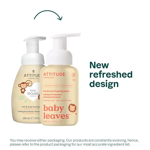 Image of ATTITUDE 2-in-1 Hair and Body Foaming Baby Wash, EWG Verified Shampoo Soap, Dermatologically Tested, Made with Naturally Derived Ingredients, Vegan, Pear Nectar, 10 Fl Oz