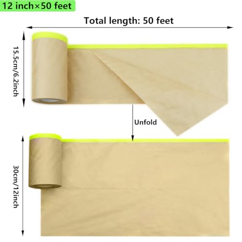 Image of Pre-Taped Masking Paper for Painting - 6 /12 Inch x 50 Ft Painters Paper Roll - Paint Masking Paper for Auto Body, Cars, Frames (2 Rolls)