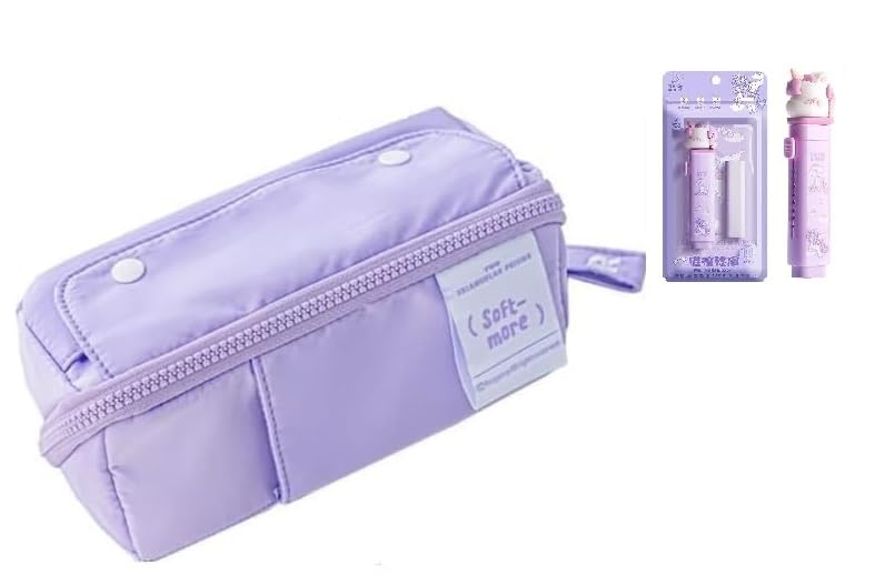 Image of Kawaii Cute Pencil Pouch with Push Pull Eraser Set for Kids,Premium Canvas Zipper Stationery Organizer Box with Cartoon Design | School Supplies Gift Combo for Boys & Girls (Soft more Purple + Eraser)