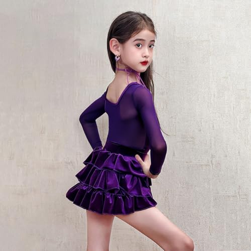 Robe de danse latine manches longues enfant velours extensible de salon