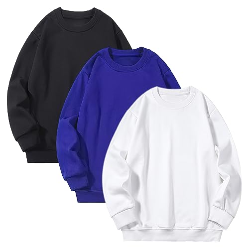 amropi Felpe Senza Cappuccio per Ragazzi 3 Pack Felpa a Righe Manica Lunga Sweatshirt Nero Blu Bianco, 5-6 Anni