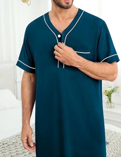 Image of SWOMOG Mens Nightgown Short Sleeve Lounge, Sleep Henley Shirt Pajama Big & Tall Nightshirt Comfy Nightwear M-3XL