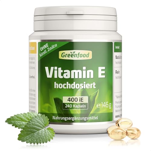 Vitamin E, hochdosiert, 400 iE - 240 Kapseln (Softgel). Hochwertiges Tocopherol – schützt die Zellen vor oxidativem Stress (Antioxidant). OHNE künstliche Zusätze - laborgeprüft. Von Greenfood.