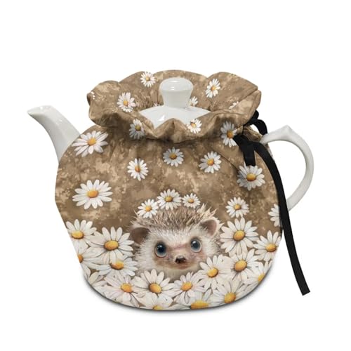 Image of Tea Cozy for Teapot Hedgehog Daisy Print Tea Kettle Dust Cover Keep Warm Breakfast Warmer with Drawstring Kitchen Decorations
