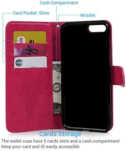 Compatible with iPhone 8 Plus Case, iPhone 7 Plus Wallet Case Embossed Love PU Leather Case TPU Shock Bumper Magnetic Detachable Card Slots Hand Strap Cover (Elephant-Hot Pink)