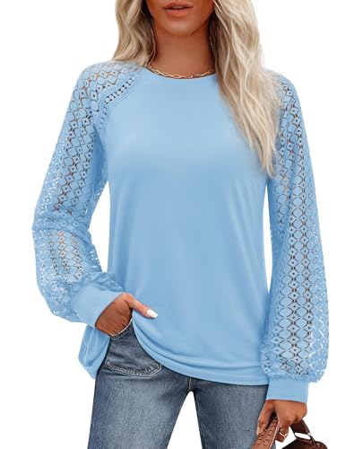 Uhiger Womens Long Sleeve Tops Fashion Cute Lace Blouses Business Casual Crew Neck Shirts 2026 Trendy Work Outfits Light Blue