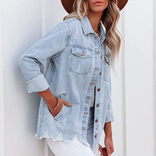 Women Casual Oversized Denim Jacket Long Sleeve Single Breasted Drop Shoulder Ripped Hem Trucker Denim Jacket (Blue, M) #TOP6