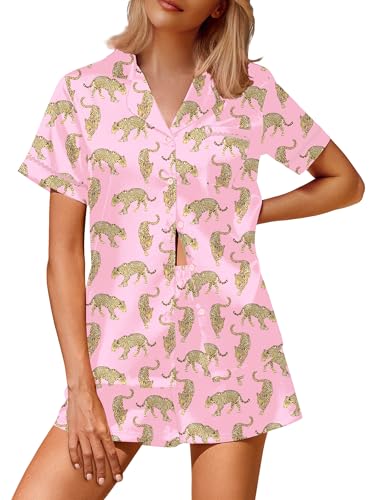 Image of Ekouaer Silk Satin Pajamas 2 Piece Pajamas for Women Set Button Down PJ Short Sleeve and Shorts Pjs Lounge Sets