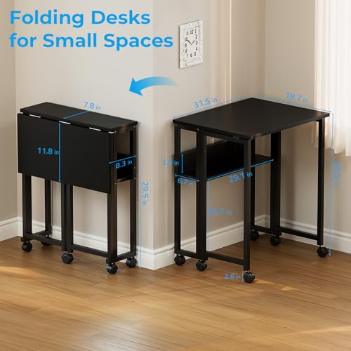 Image of GreenForest Folding Desk with Wheels, 31.5 Inch Compact Rolling Computer Table with Storage Shelf, Portable Mobile Workstation for Small Spaces, Easy Assembly, Black