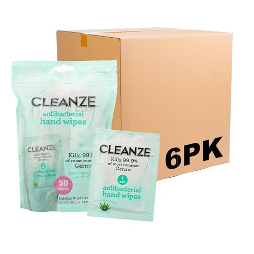Image of Cleanze Antibacterial Hand Sanitizing Wipes Individually Wrapped with Aloe, Unscented Disinfecting Hand Wipes for Travel and On the Go Sanitizing, Kills 99.9 Percent of Germs, 50 Count - 6 Pack