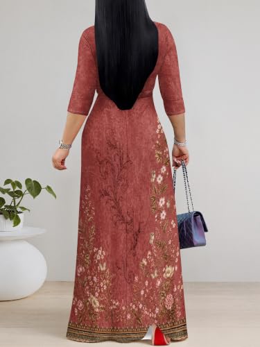Image of PinkPatty Plus Size Maxi Dress for Women Casual V Neck 3 /4 Sleeve Boho Printed Long Dress with Pockets
