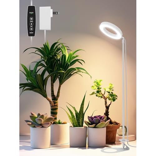 GLOWRIUM Grow Light for Indoor Plants, 12W Full Spectrum Plant Lights with Timer, Height Adjustable&10 Dimmable Brightness, Mini Halo Grow Lights for Small Plant (2025-white, 12w) 2025-white