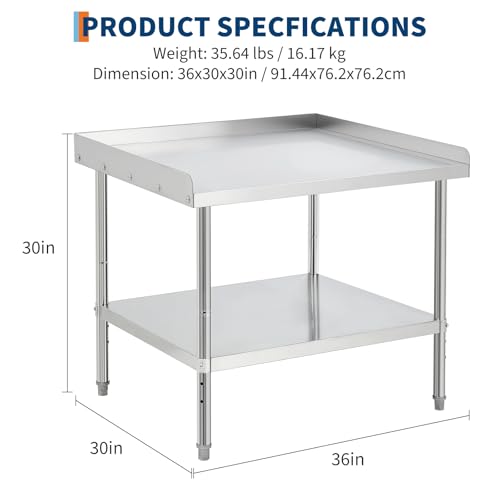 Image of Equipment Grill Stand Table 36x30x30 Inch Stainless Steel NSF Certified 400 Lbs Capacity with Adjustable Legs, 2 inch Edge Baffle, for Hotel, Home, Commercial Restaurant Kitchen