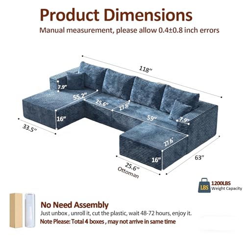 Image of 118 inch Modular Sectional Sofa with Chaise and Ottoman,Oversized U-Shaped Corduroy Cloud Couch,Deep Seat Boneless Couch for Living Room,No-Assembly,Blue (Left Facing Chaise)