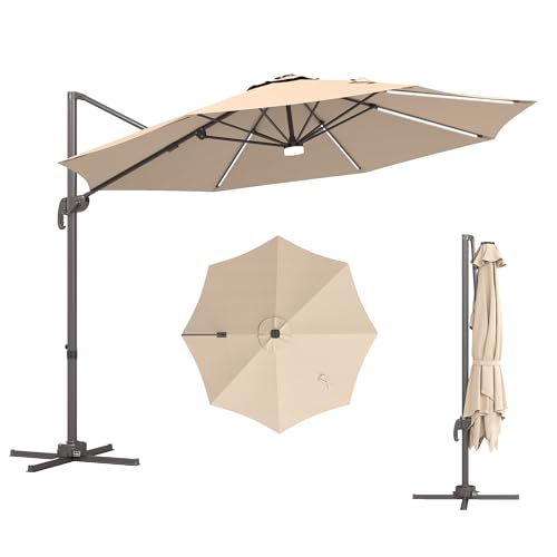 Outsunny 3 m Cantilever Roma Parasol Garden Sun Umbrella Outdoor Patio with 360 Degree Rotation Crank and Tilt Aluminium Frame LED Solar Light Cross Base, Brown