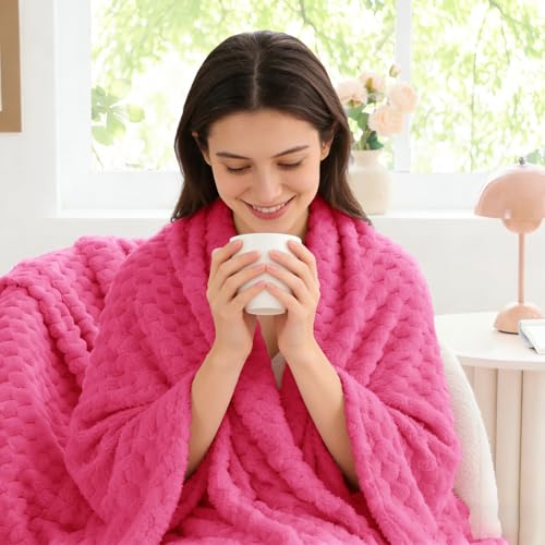 Image of BEDELITE Hot Pink Twin Blanket for Couch, Soft Cozy Gifts for Women, 60*80 | 3D Jacquard Decorative Fleece Blanket, Super Soft Plush Throws, Cute Birthday Gift for Women & Men, Suitable for All Seasons