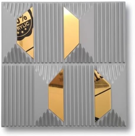 3D Acrylic Mirror Wall Tiles, Geometric Hexagonal Pattern, Grey and Gold, 30x30 cm, Self-Adhesive Decorative Panel Stickers, Modern Contemporary Style (5)