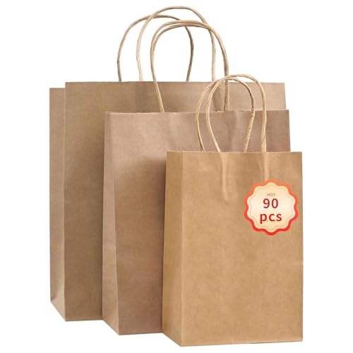 PAICUIKE 90Pcs Brown Kraft Paper Bags with Handles Bulk, 3 Assorted S/M/L Sizes Shopping Bags for Small Business Retail, Birthday Wedding Christmas Party Favor & Gift Packaging by PAICUIKE - Used condition - US$19.99