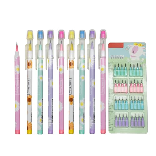 Lopenle 12本 デイジー シャープペンシル ロケット鉛筆 詰め替え用 積み重ね可能な鉛筆 スタッカブル ノック式エンピツ カラフル替え芯 ペンシル 子供 文房具 プッシュ ペンシル セット 消しゴム付き 誕生日パーティー ギフト マークシート用 景