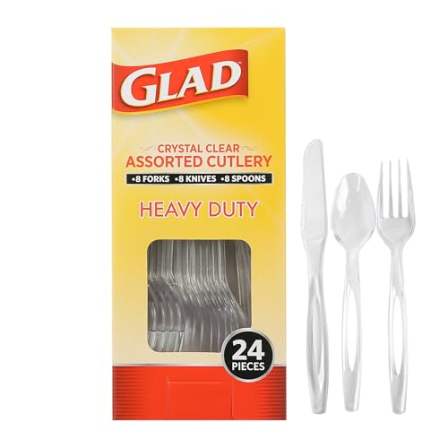 Glad Crystal Clear Assorted Plastic Cutlery Forks, 24 Count | Clear And Heavy Duty Plastic Silverware | 8 Forks, 8 Knives, 8 Spoons | Glad Disposable Tabletop